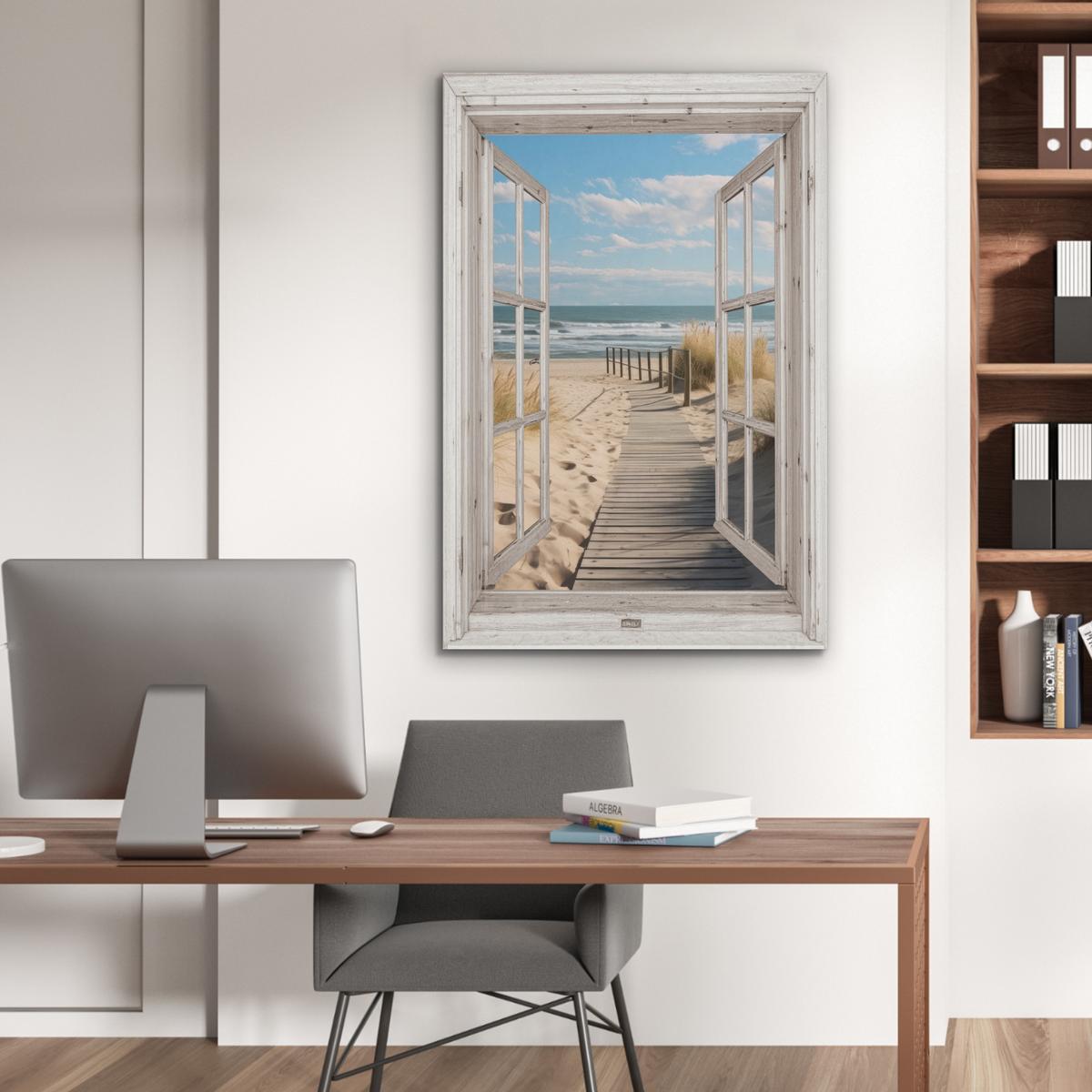 AKUSTIKBILD Fenster - Meer - Küste - Natur - Ausblick - Strand - Wattenmeer Wanddeko 70x100 cm - Beige, Kunststoff (70/100/0.9cm) - MuchoWow