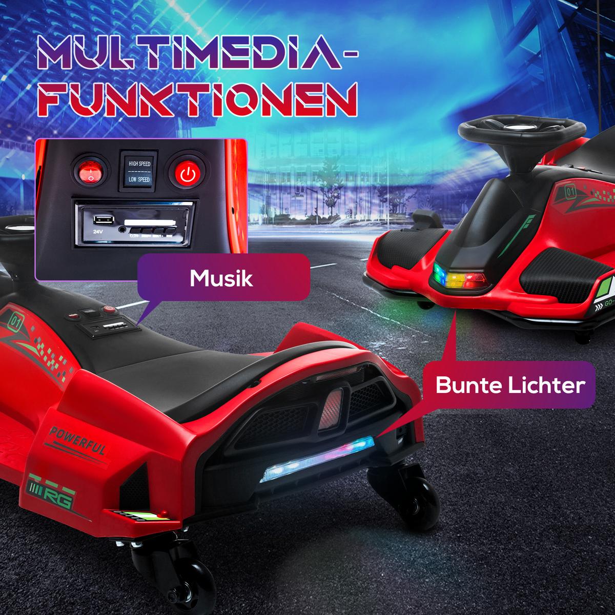 KINDER Elektro Gokart 12 V 3-8km/h Drift Kart mit Driftmodus Lichtern Musik - Rot, Kunststoff (90/53/99cm) - HOMCOM