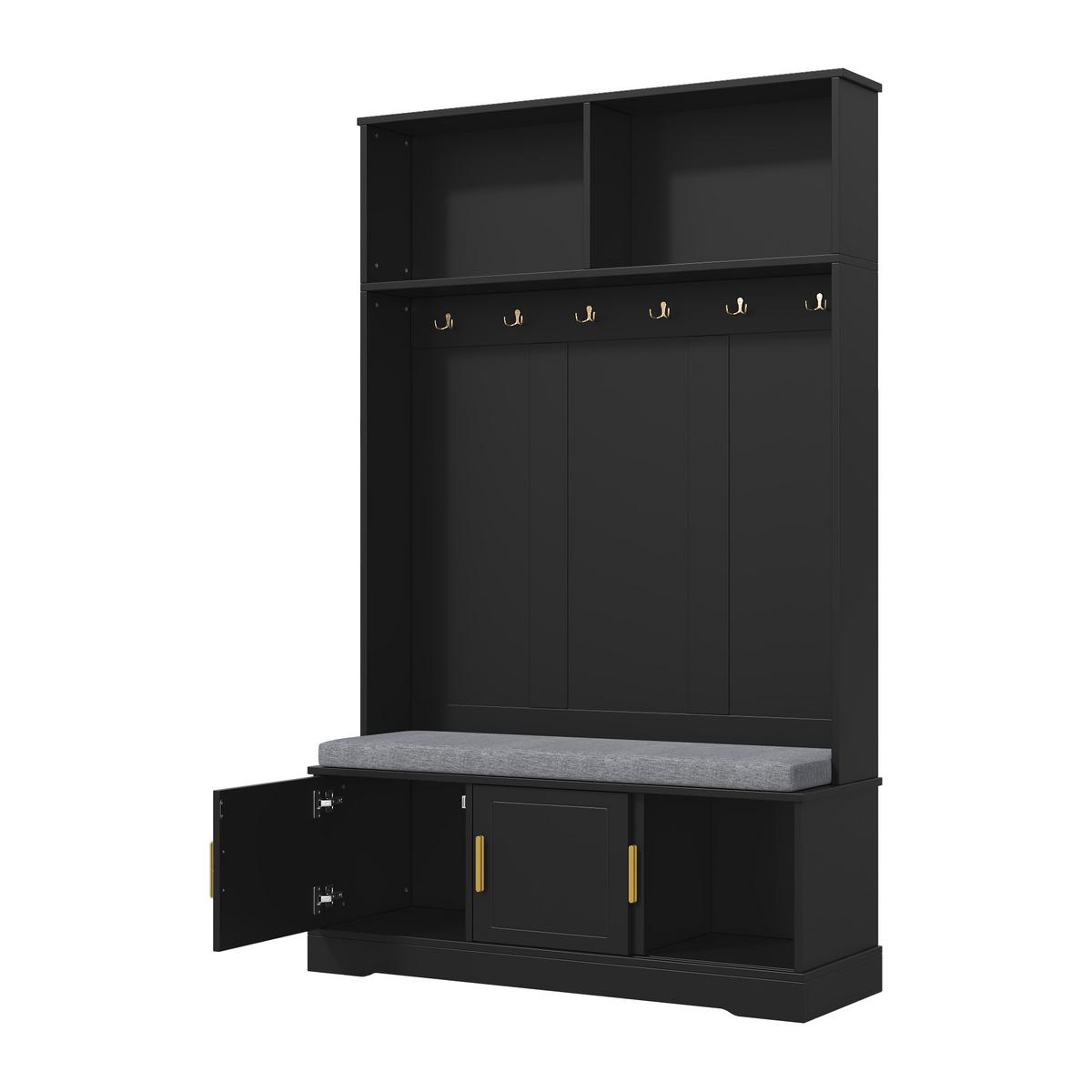 GARDEROBENSET in Schwarz Mit gepolsterter Schuhbank & 6 goldenen Haken - Schwarz, Holzwerkstoff (120/191/40cm) - Urban Meuble