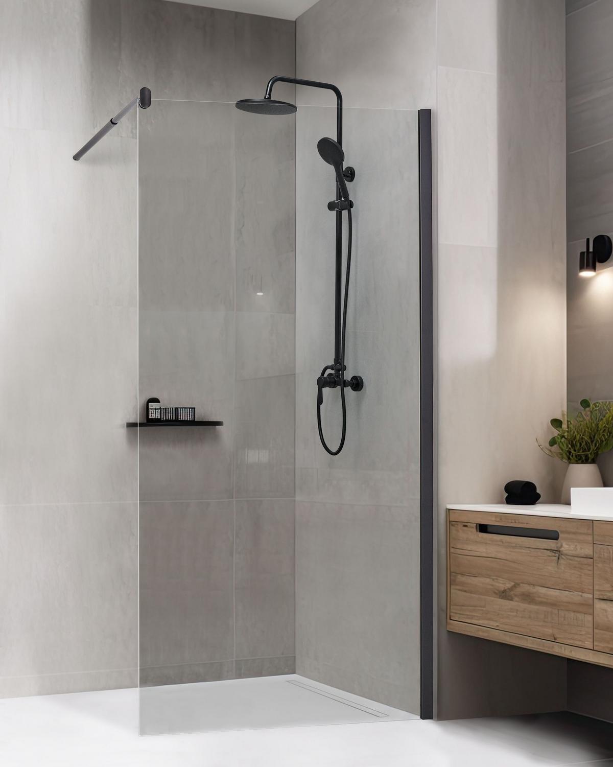 DUSCHWAND 100/190 cm Schwarz Ahaus - Transparent/Schwarz, Glas (100/190cm) - Beliani