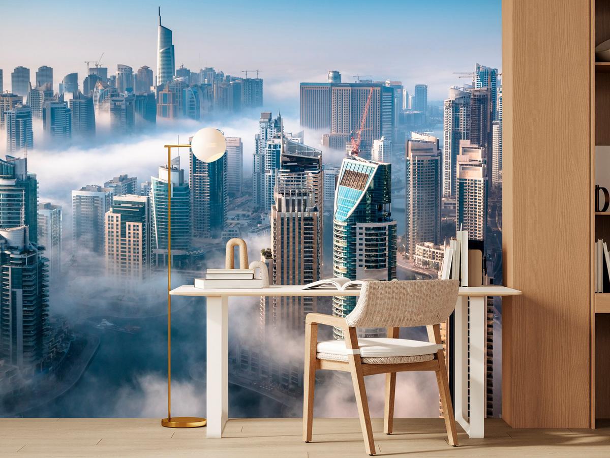 FOTOTAPETE für Büro Dubai Nebel Wolkenkratzer Skyline Panorama 400x280 - Blau/Beige, Papier (400/280cm) - Muralo