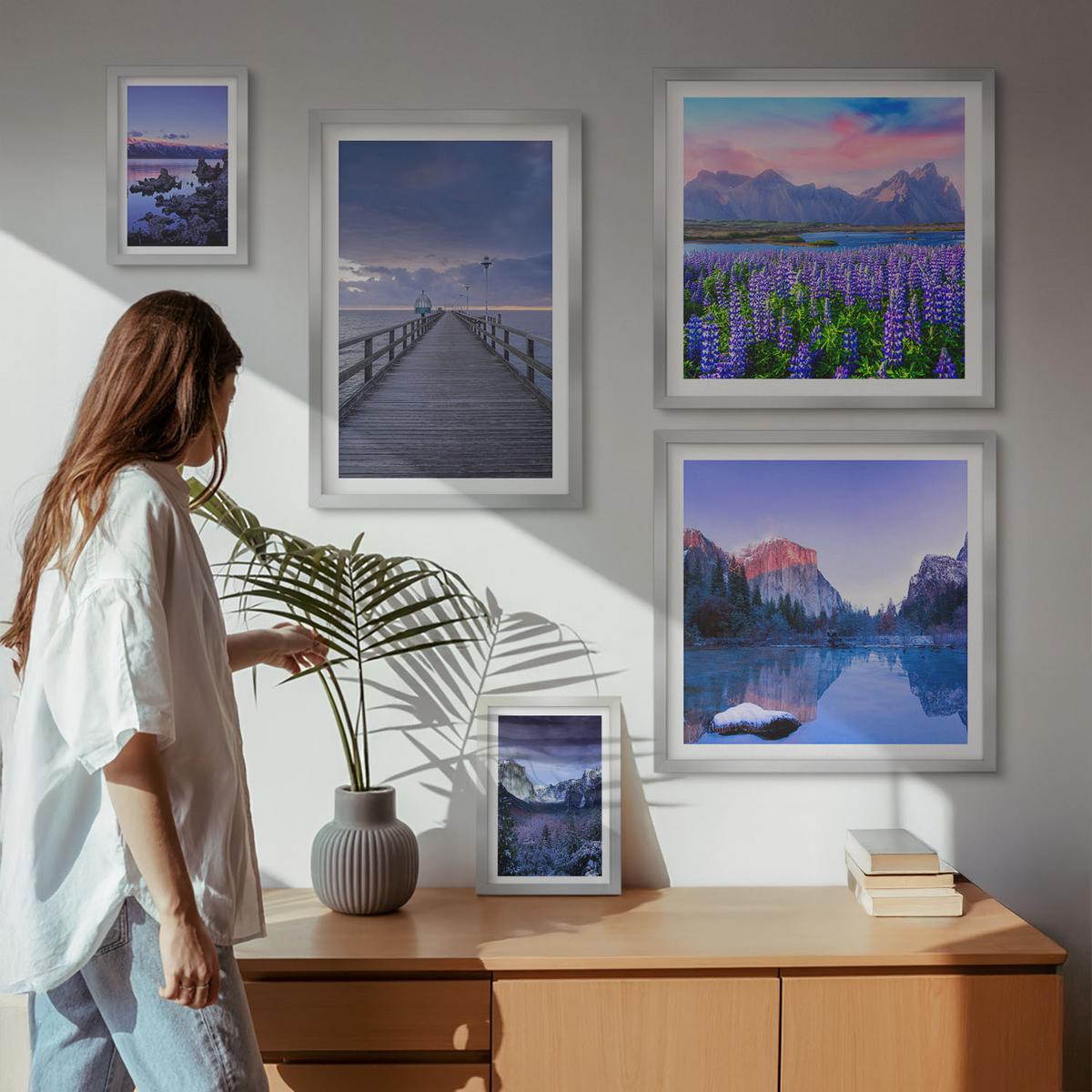 BILDER SET 5er Set - 50x50 cm & 20x30 cm & 40x60 cm Silberner Rahmen - Berglandschaften, Wasser, Blumenfeld - Silberfarben, Kunststoff (40/60cm) - TULUP
