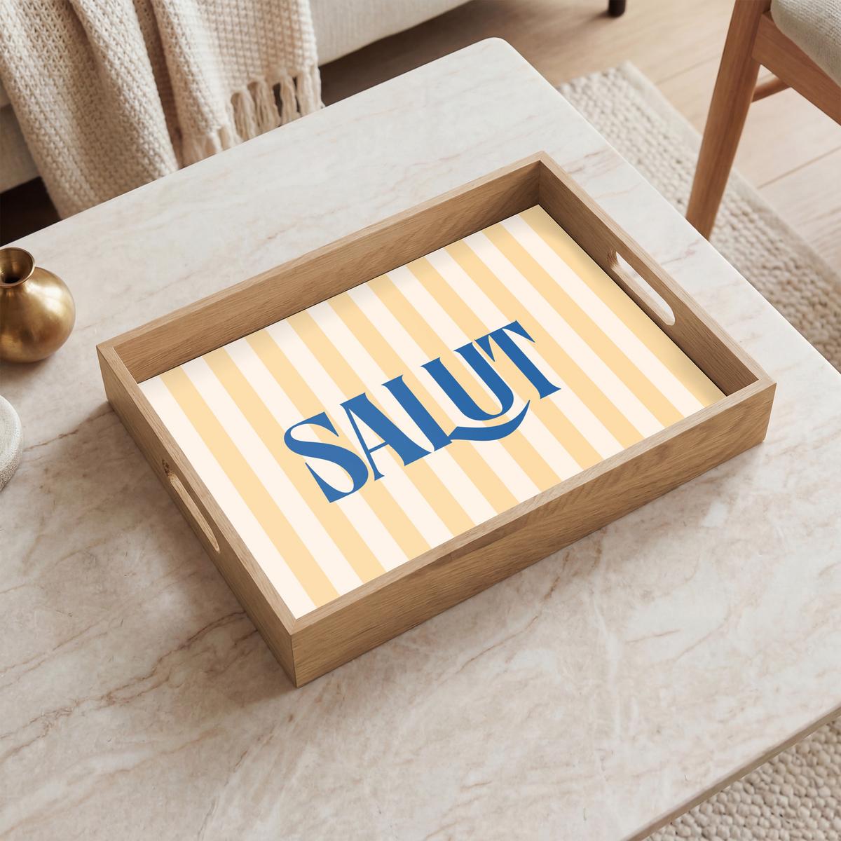 TABLETT Salut - Zitat - Streifen - Gelb - Blau - Weiß 40x30 cm - Beige, Holz (40/5/5cm) - OnlyWow