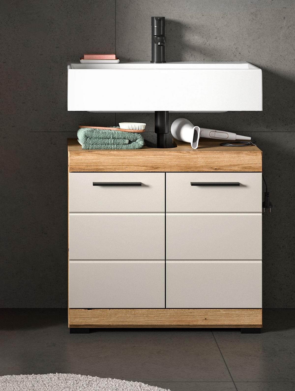 WASCHBECKENUNTERSCHRANK Eiche mit Sand / Kaschmir, Badschrank Breite 60 cm - Kaschmir/Eichefarben, Holzwerkstoff/Kunststoff (60/56/34cm) - Inn.Furn