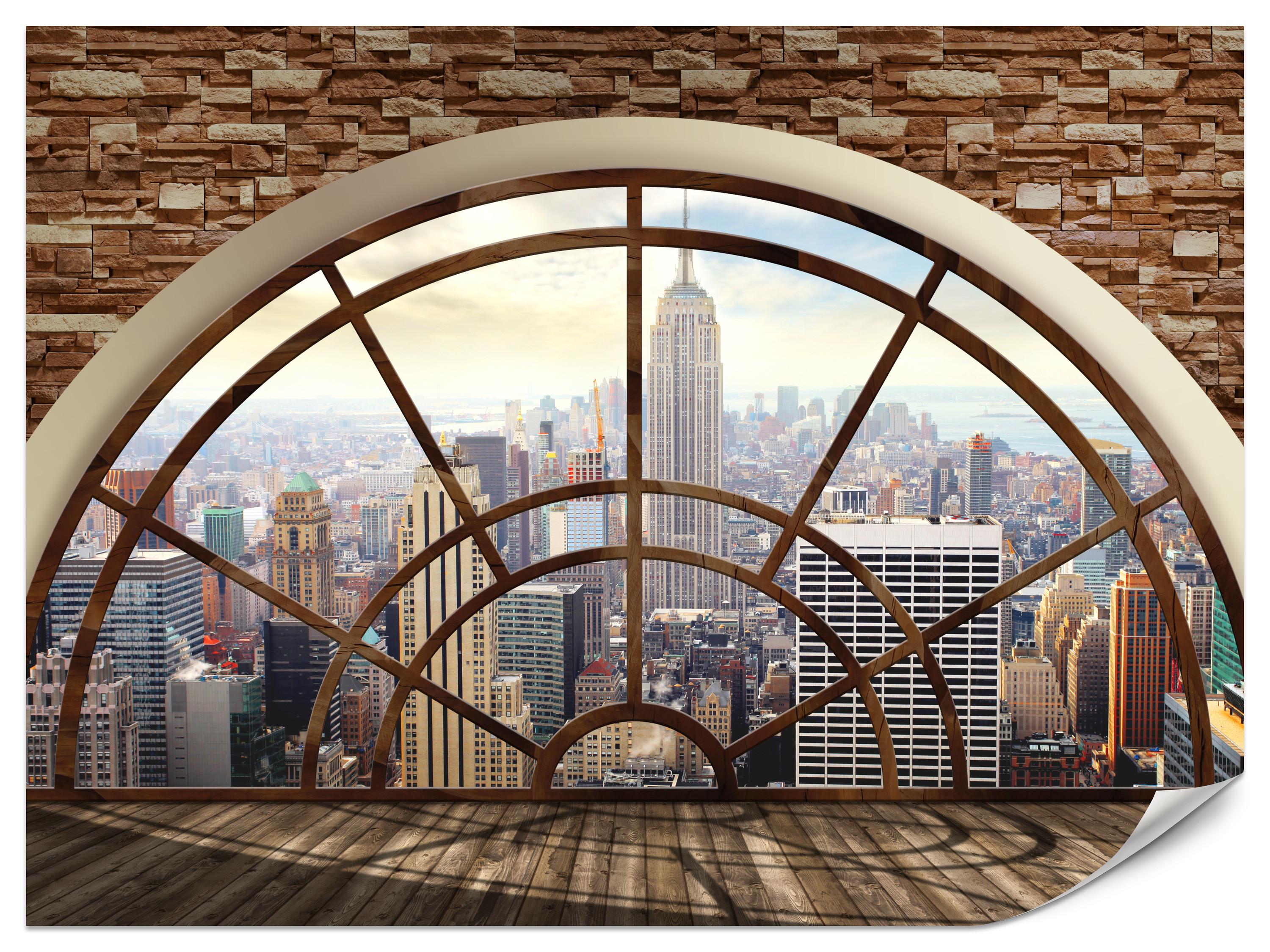 FOTOTAPETE für Wohnzimmer New York Fensterblick Panorama Stadt 150x105 - Beige/Braun, Papier (150/105cm) - Muralo