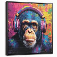 LEINWAND Bilder mit Rahmen - Graffiti - Schimpanse - Straßenkunst - Kopfhörer - Affe - 50x50 - Blau, Textil (50/50cm) - MuchoWow