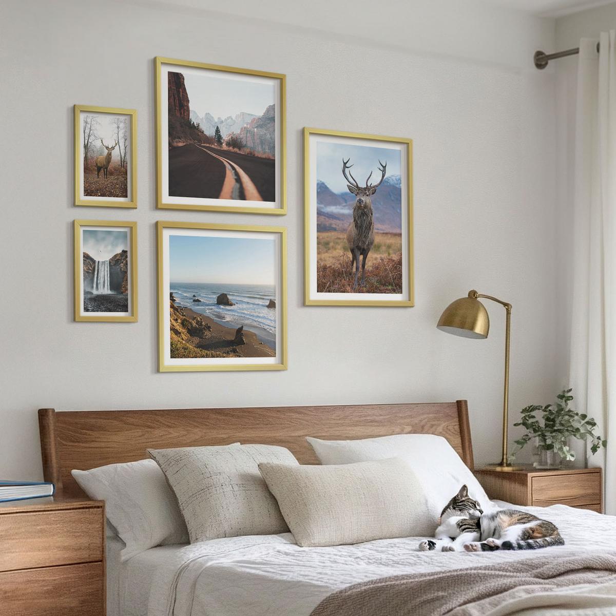 BILDER SET 5er Set - 50x50 cm & 20x30 cm & 40x60 cm Goldrahmen - Berglandschaften, Wasserfälle, Hirsche, Strände - Goldfarben, Kunststoff (40/60cm) - TULUP