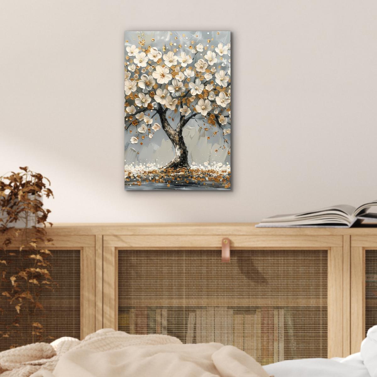 METALLBILD Baum - Blumen - Weiß - Natur - Kunst 20x30 cm - Weiß, Metall (20/30cm) - MuchoWow