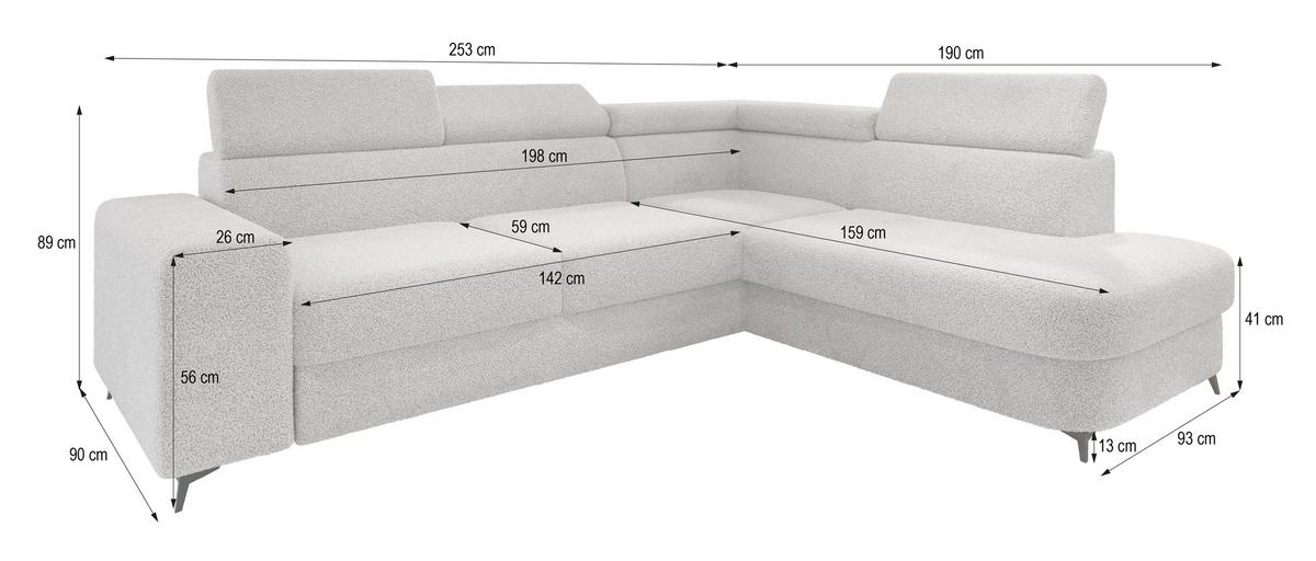 ECKSOFA ALVORO R-S Schwarz Boucle-Stoff mit Schlaffunktion - Schwarz, Holz (253/190cm) - MASSENO