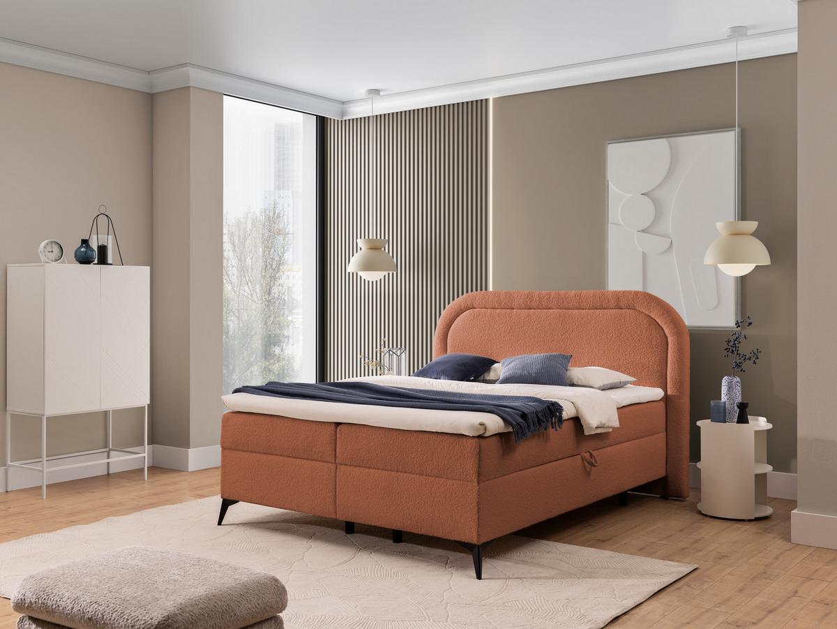 BOXBETT Sonna 140/200 cm Terrakotta Bouclé-Stoff mit abgerundetem Kopfteil und mit schwarzen Metallfüße - Terracotta/Schwarz, Holz/Textil (140/200cm) - S-Style Möbel