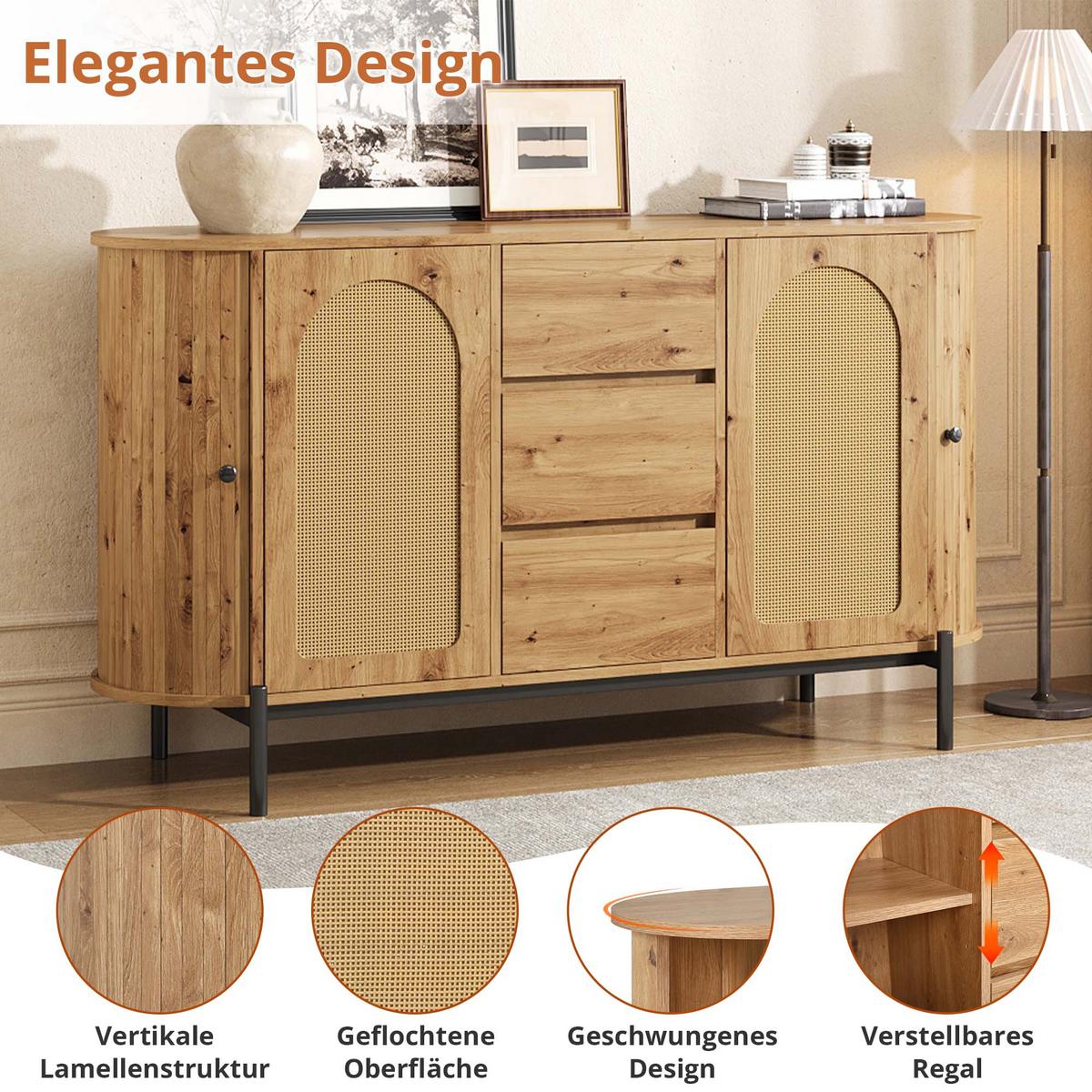 SIDEBOARD in holzoptik mit rattan, ovale form und verstellbaren fächern - Naturfarben, Holzwerkstoff (140/77.5/38cm) - Urban Meuble