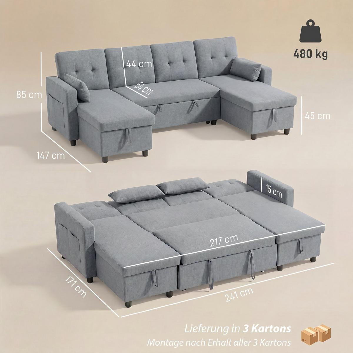 ECKSOFA Polyester Grau - Schwarz/Grau, Holz/Kunststoff (147/85/241cm) - HOMCOM