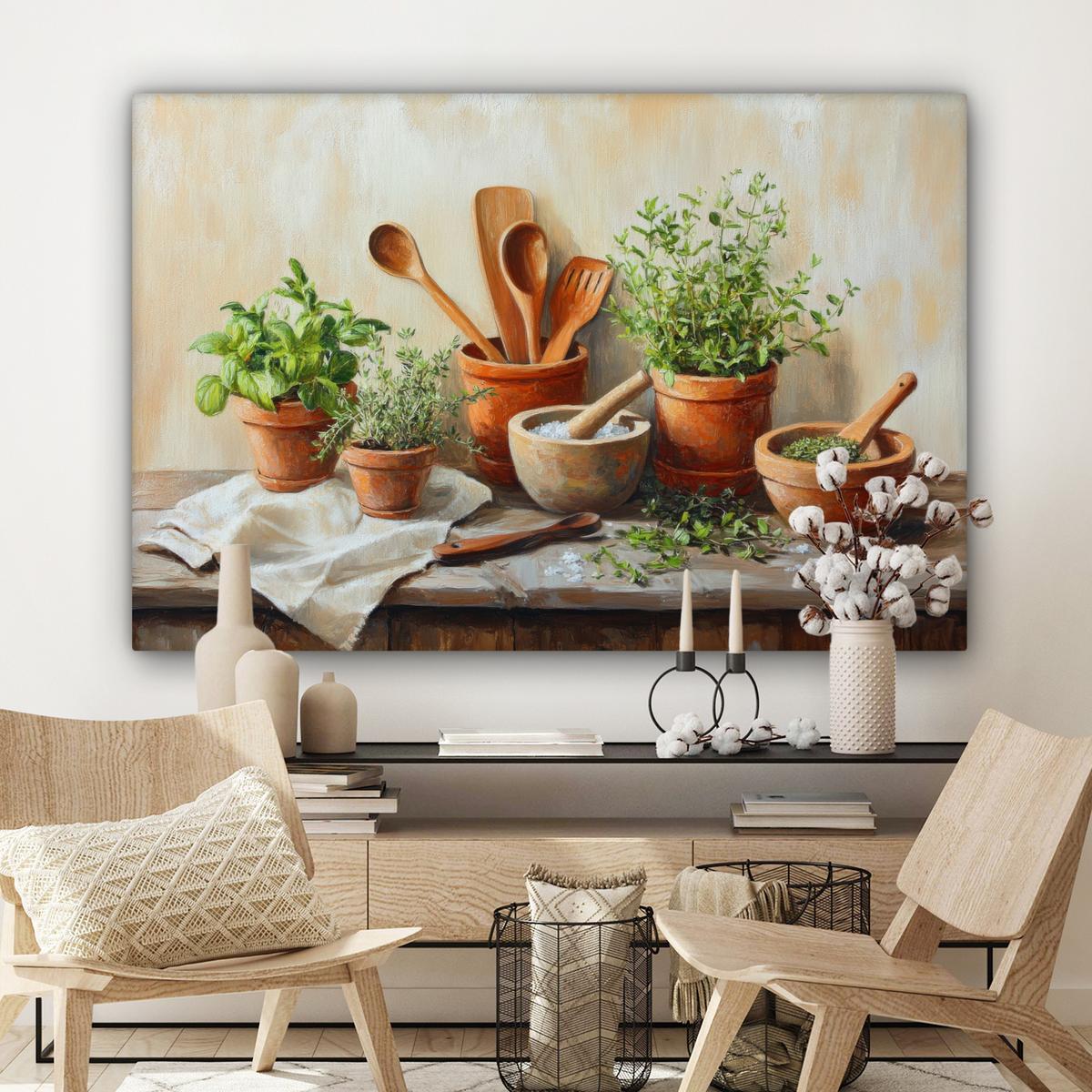 LEINWANDBILD Töpfe - Kräuter - Holz Groß 140x90 cm - Terracotta, Textil (140/90cm) - MuchoWow