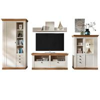 WOHNWAND weiß Pinie, Eiche Landhaus 376 cm 4-teilig, Schrankwand im Landhaus-Stil - Silberfarben/Eiche Wotan, Glas/Holzwerkstoff (376/376/52cm) - Furn.Design