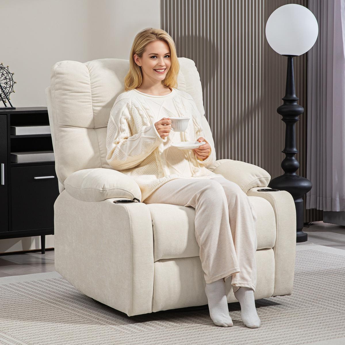 RELAXSESSEL Drehbar Fernsehsessel mit Liegefunktion, Schaukelfunktion Beige - Beige/Schwarz, Textil/Metall (96/108/88cm) - HOMCOM