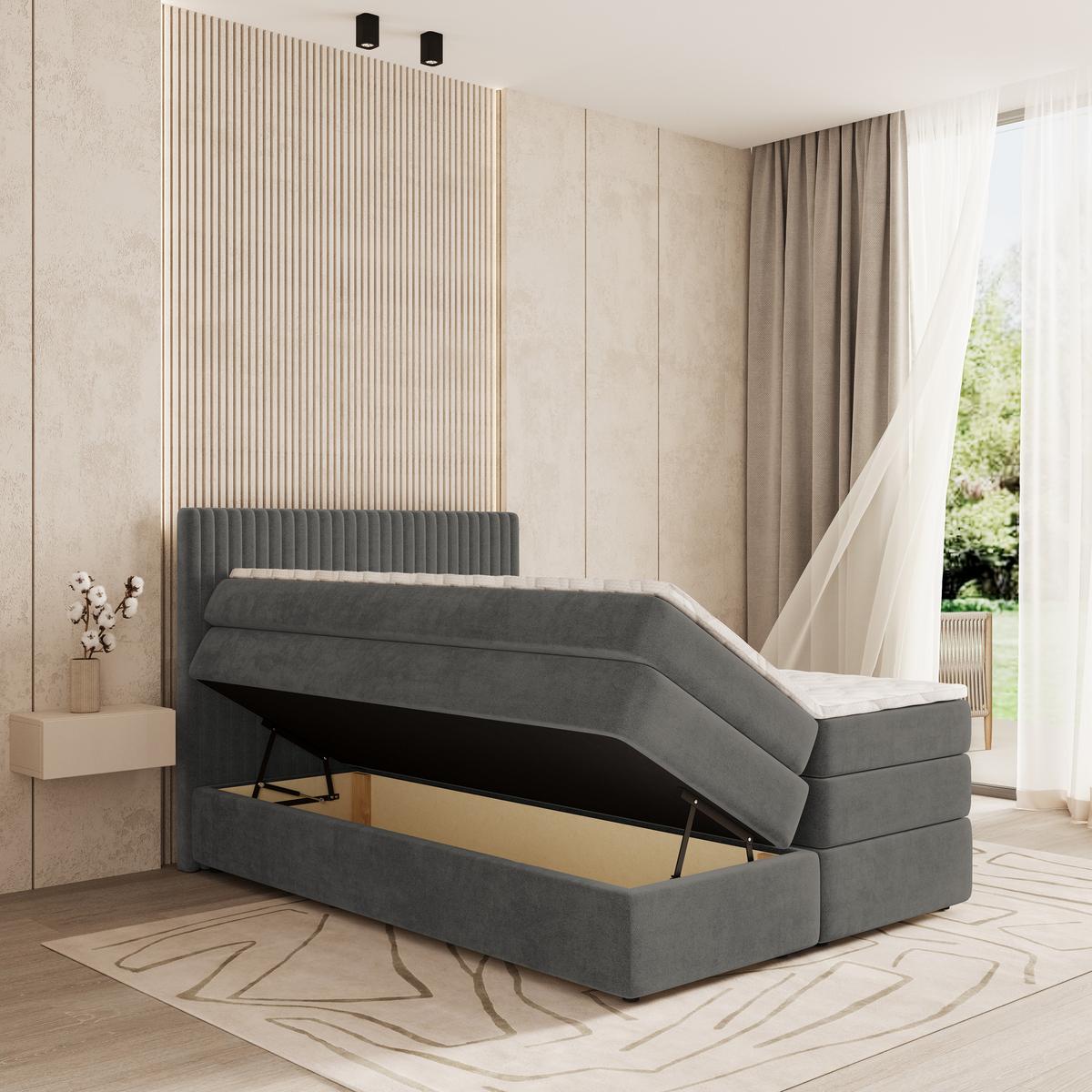 BOXSPRINGBETT FELBIO 180x200 cm mit Matratze und Topper - Grau - Grau, Holz (180/200cm) - MASSENO