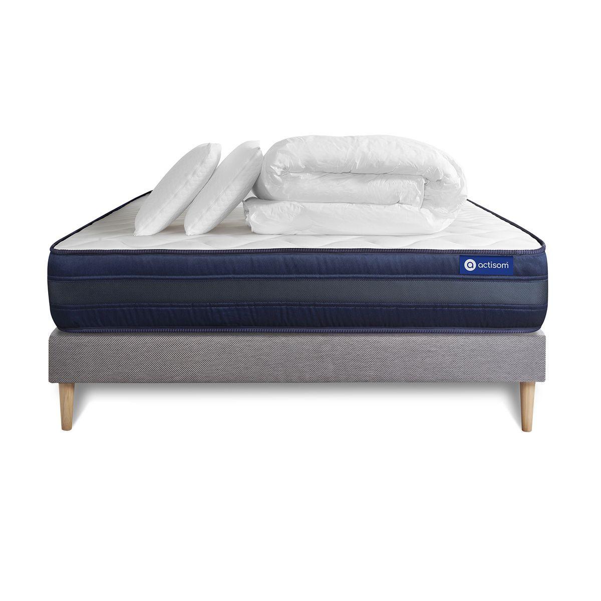 BETT Actiflex tech Taschenfederkern und Memory-Schaum 160 x 200 cm h4 - Kit Bettgestell Grau - Mit Kissen und Bettdecke - Beige/Grau, Karton/Holz (160/200cm) - ACTISOM