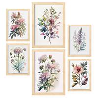 POSTER Set Mit 6 Landblumen Vollfarbige Natur Und Botanikdrucke Mit Blumenmotiven Auf Reinweißen Hintergründen A3 & A4 Rahmen Aus Hellem Holz - Beige, Papier (29/3cm) - Nacnic