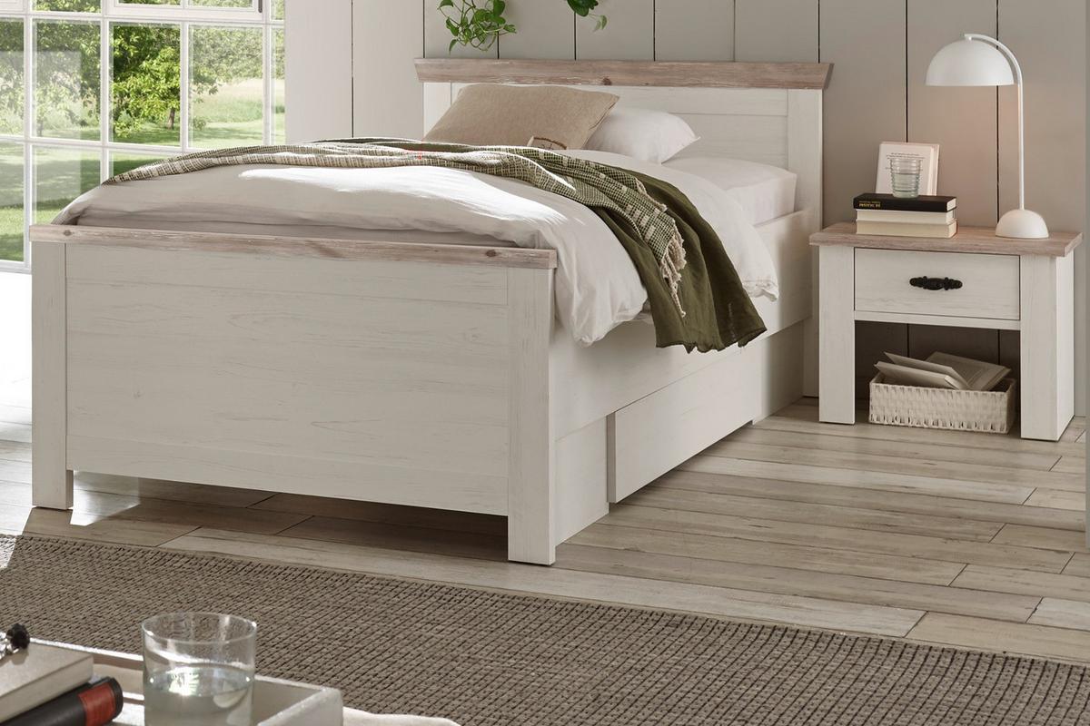 BETT Pinie weiß, Oslo Pinie Landhaus, Einzelbett, Liegefläche 100 x 200 cm - Weiß/Pinienfarben, Holzwerkstoff (100/200cm) - Furn.Design