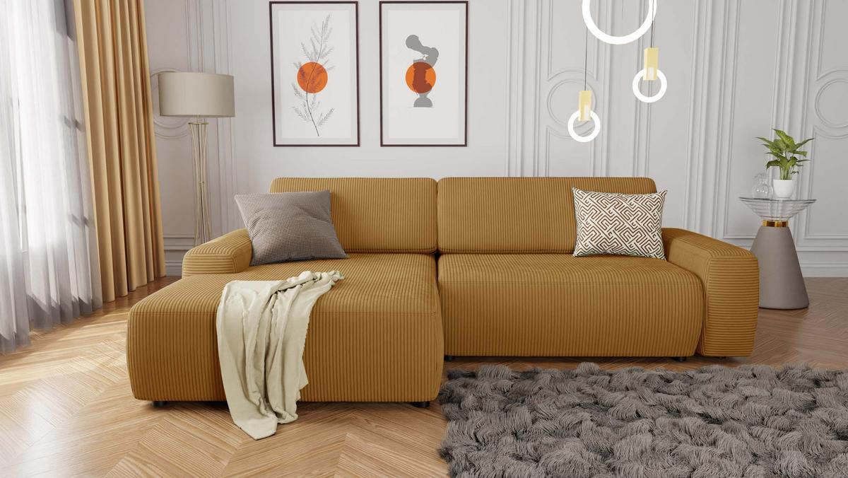 ECKSOFA Nancy Honig Cord - Schwarz/Honig, Holz/Kunststoff (264/162cm) - S-Style Möbel