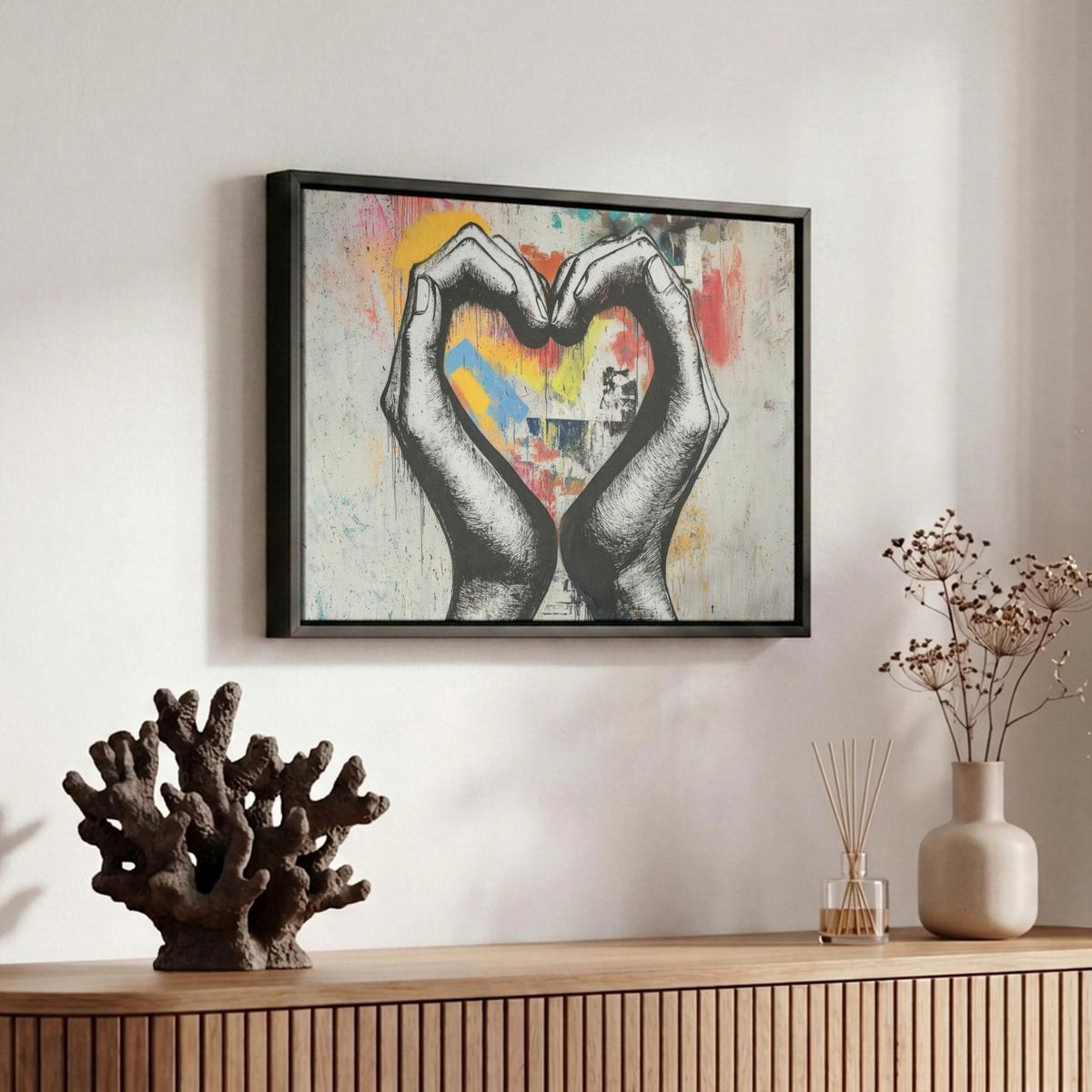 LEINWAND Bilder mit Rahmen - Hände - Herz - Straßenkunst - Graffiti - 30x20 - Multicolor, Textil (30/20cm) - MuchoWow