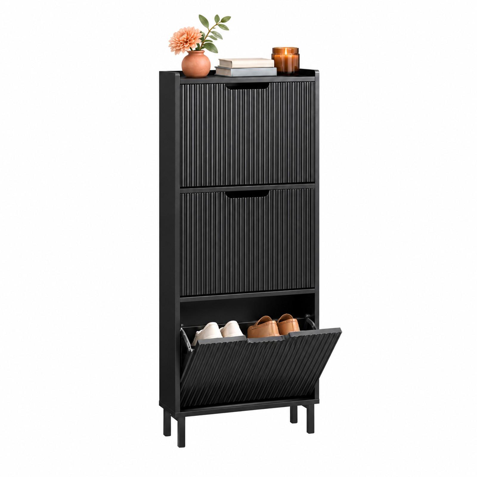 SCHUHSCHRANK schwarz, 130 cm hoch, nur 19 cm tief, 3 Klappen für 6 Paar, Lamellenfront, erweiterbar, für Flur & Diele - Schwarz, Holzwerkstoff/Metall (50/130/19cm) - SoBuy