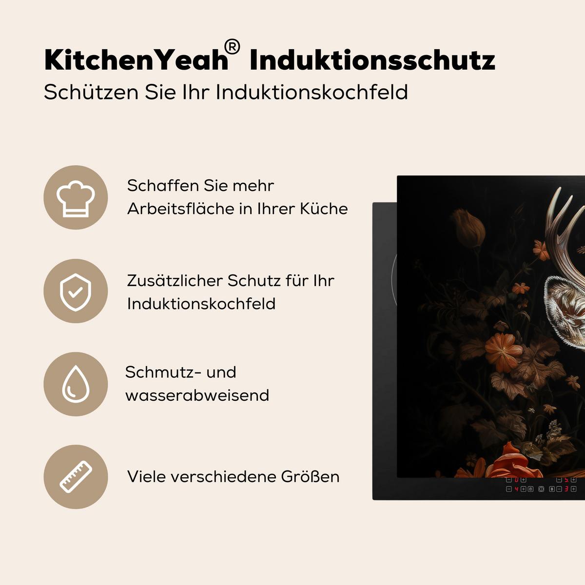 HERDABDECKPLATTE Hirsch - Tier - Blumen - Natur - Botanisch Induktionsmatte 83x51 cm - Kupferfarben, Kunststoff (83/51.5/0.2cm) - MuchoWow