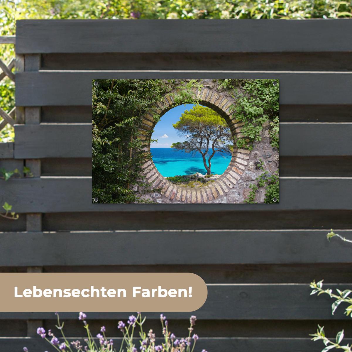 GARTENPOSTER Meer - Baum - Tropisch - Ausblick Gartendeko 90x60 cm - Graubraun, Kunststoff (90/60/0.2cm) - OnlyWow