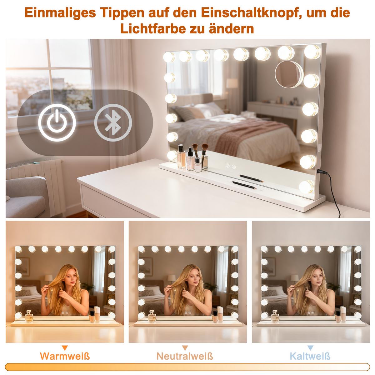 SCHMINKSPIEGEL Yveth 80/14/60 cm - Weiß, Glas/Metall (14/60/80cm) - ZMH