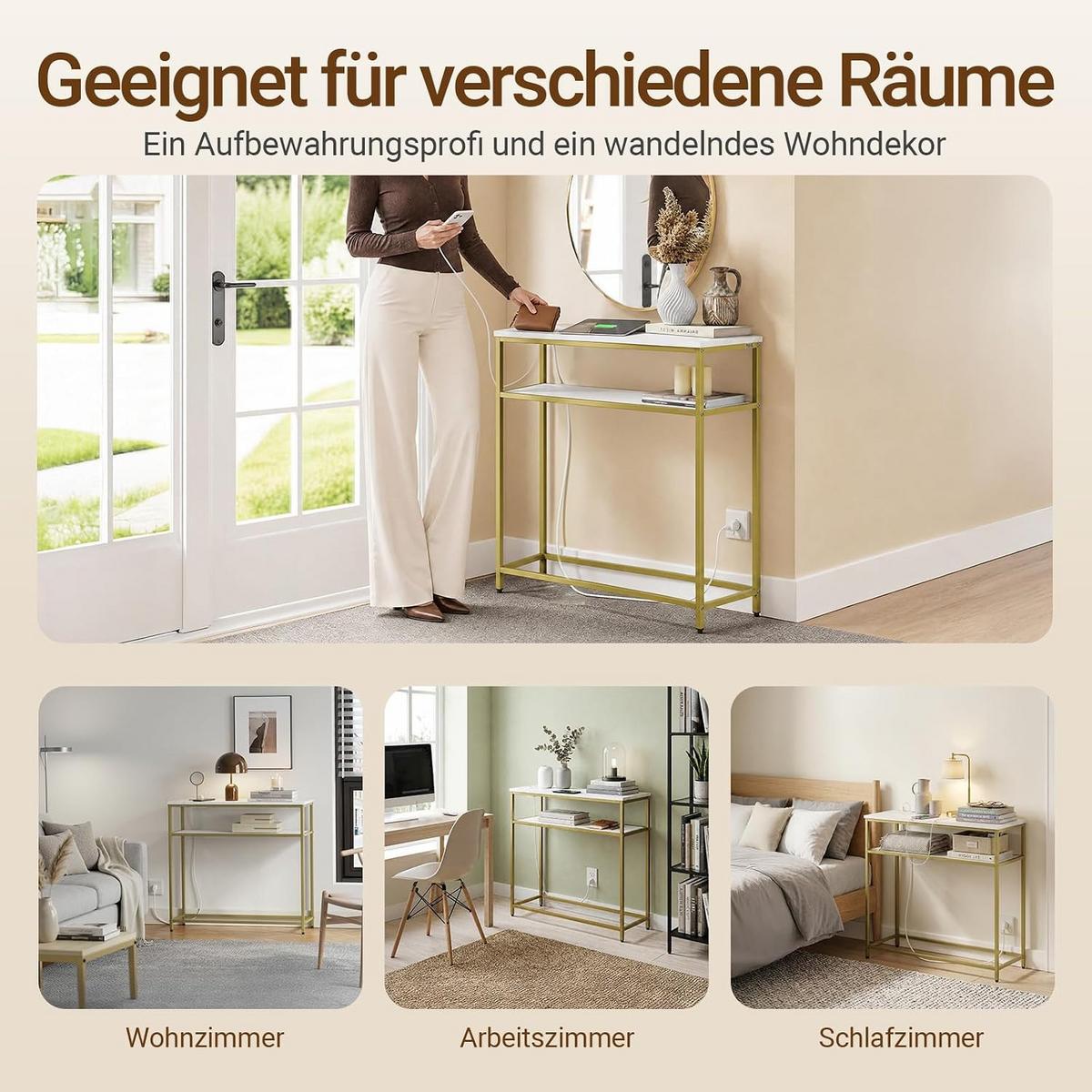 KONSOLENTISCH mit 2 Ablagen und 2 Steckdosen modern 80x30x75 cm - Goldfarben/Weiß, Holzwerkstoff/Metall (30/80/75cm) - SoBuy