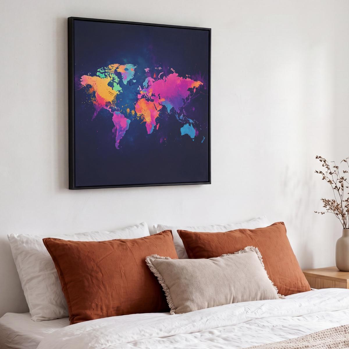 LEINWAND Bilder mit Rahmen - Weltkarte - Bunt - Graffiti - 50x50 - Multicolor, Textil (50/50cm) - MuchoWow