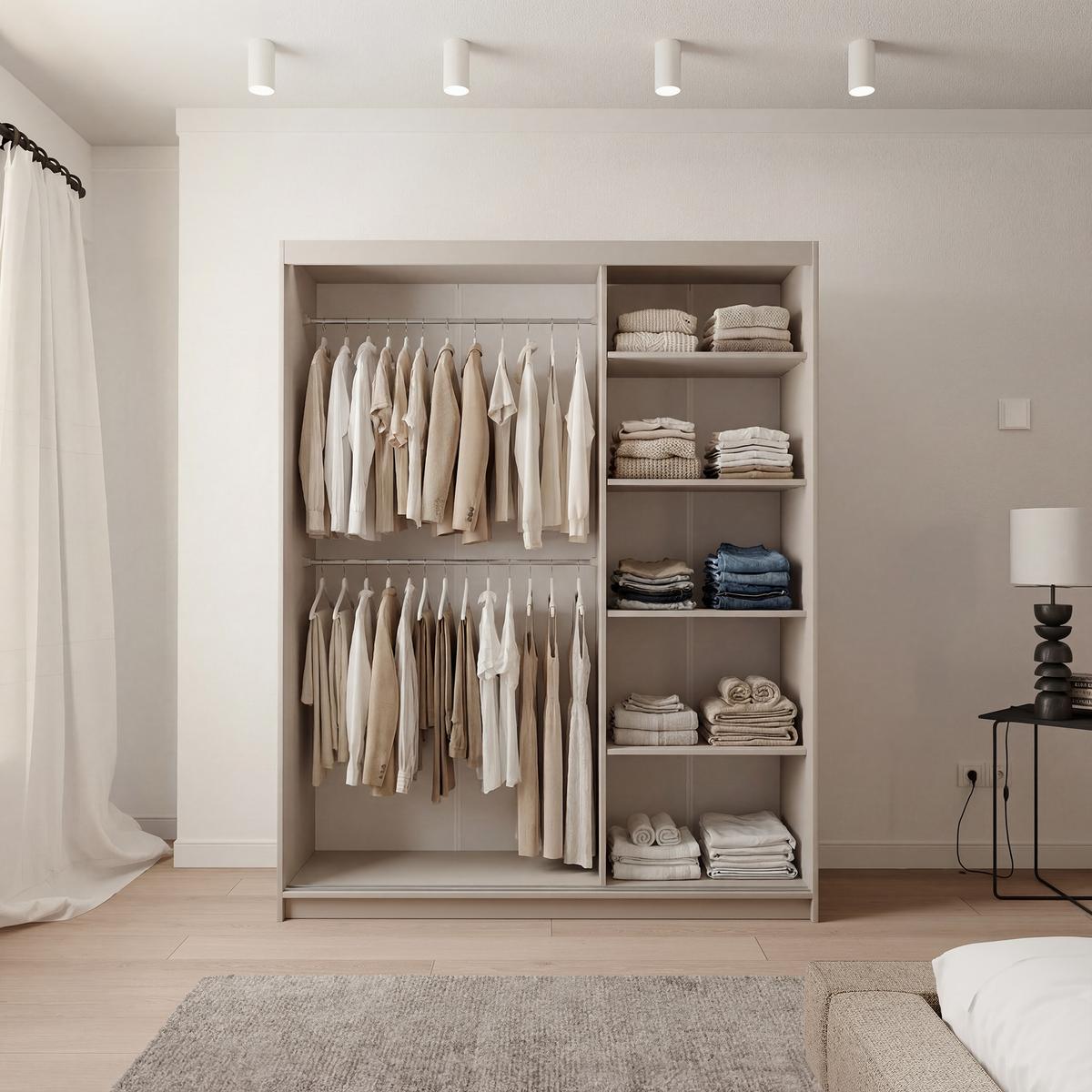 SCHIEBETÜRENSCHRANK SILENTE 140 cm mit Einlegeböden und Kleiderstange - Beige, Holzwerkstoff (140/215/60cm) - Idohome