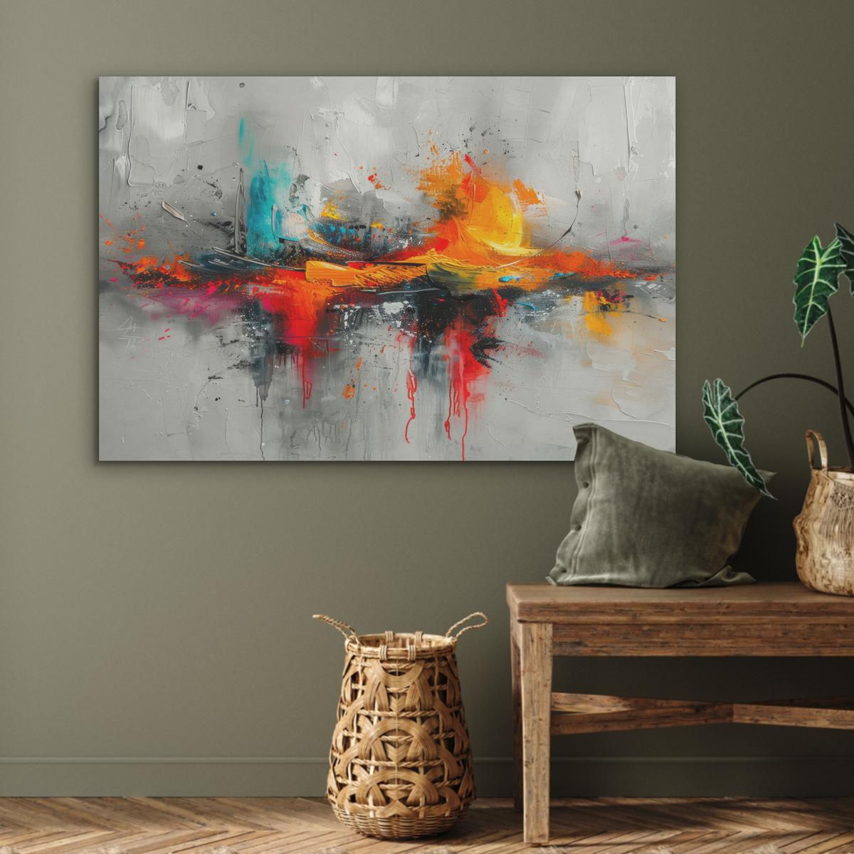 AKUSTIKBILD Moderne Kunst - Orange - Grau - Abstrakt Wandbild Wohnzimmer 100x70 cm - Hellgrau, Kunststoff (100/70/0.9cm) - MuchoWow