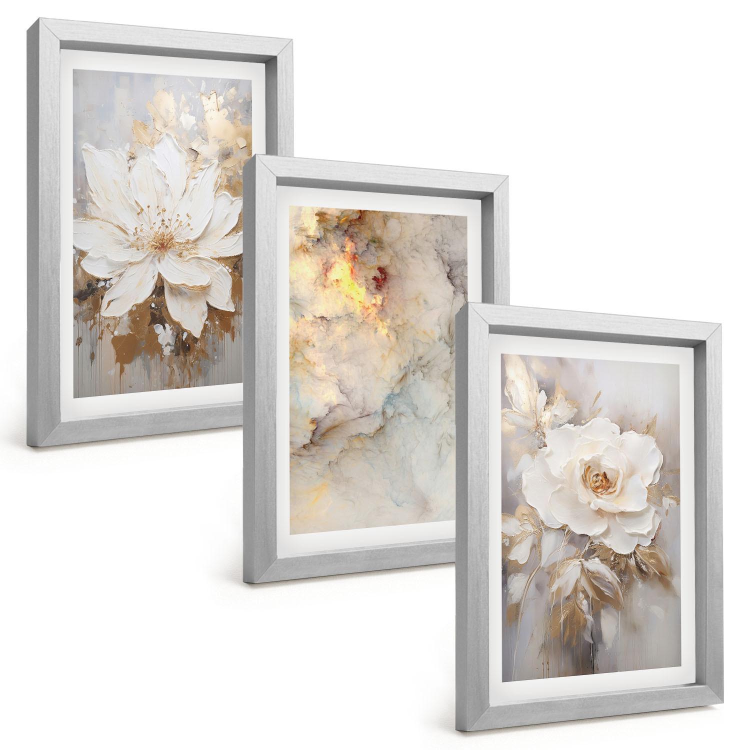 BILDER SET 3er Set - 20x30 cm Silberner Rahmen - Blumen heller abstrakter Hintergrund - Silberfarben, Kunststoff (20/30cm) - TULUP