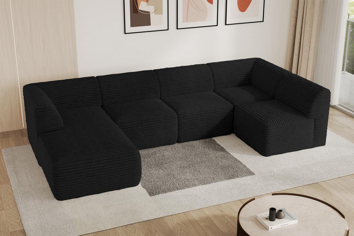 WOHNLANDSCHAFT Ottomane Links MOVO-L 345x180x78 cm Schwarz Cord - Schwarz, Holzwerkstoff/Kunststoff (345/78/180cm) - ALTDECOR