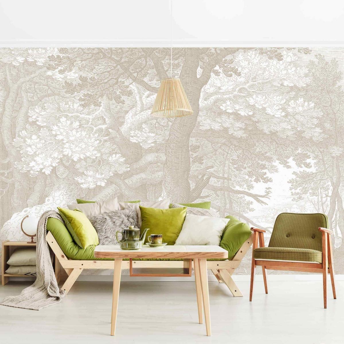 FOTOTAPETE Im Wald Kupferstich in Beige 384/255 cm - Eichefarben, Papier (384/255cm) - Bilderwelten