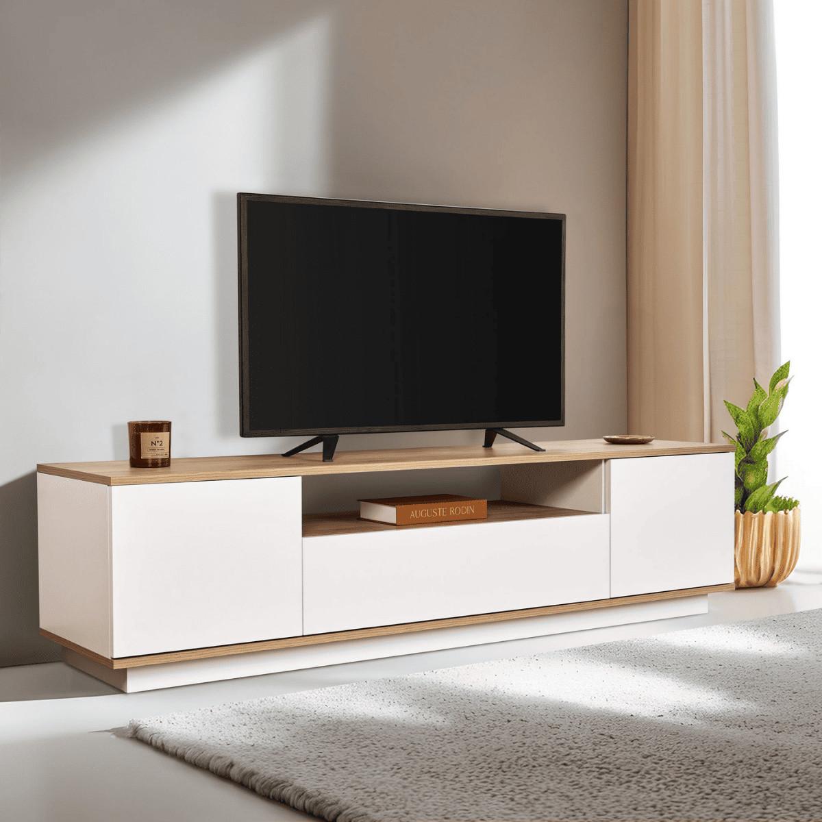 TV furniture with 3 folding doors and 1 niche, L180 cm - Weiß, Holzwerkstoff (44.5/44.6/12cm) - Calicosy