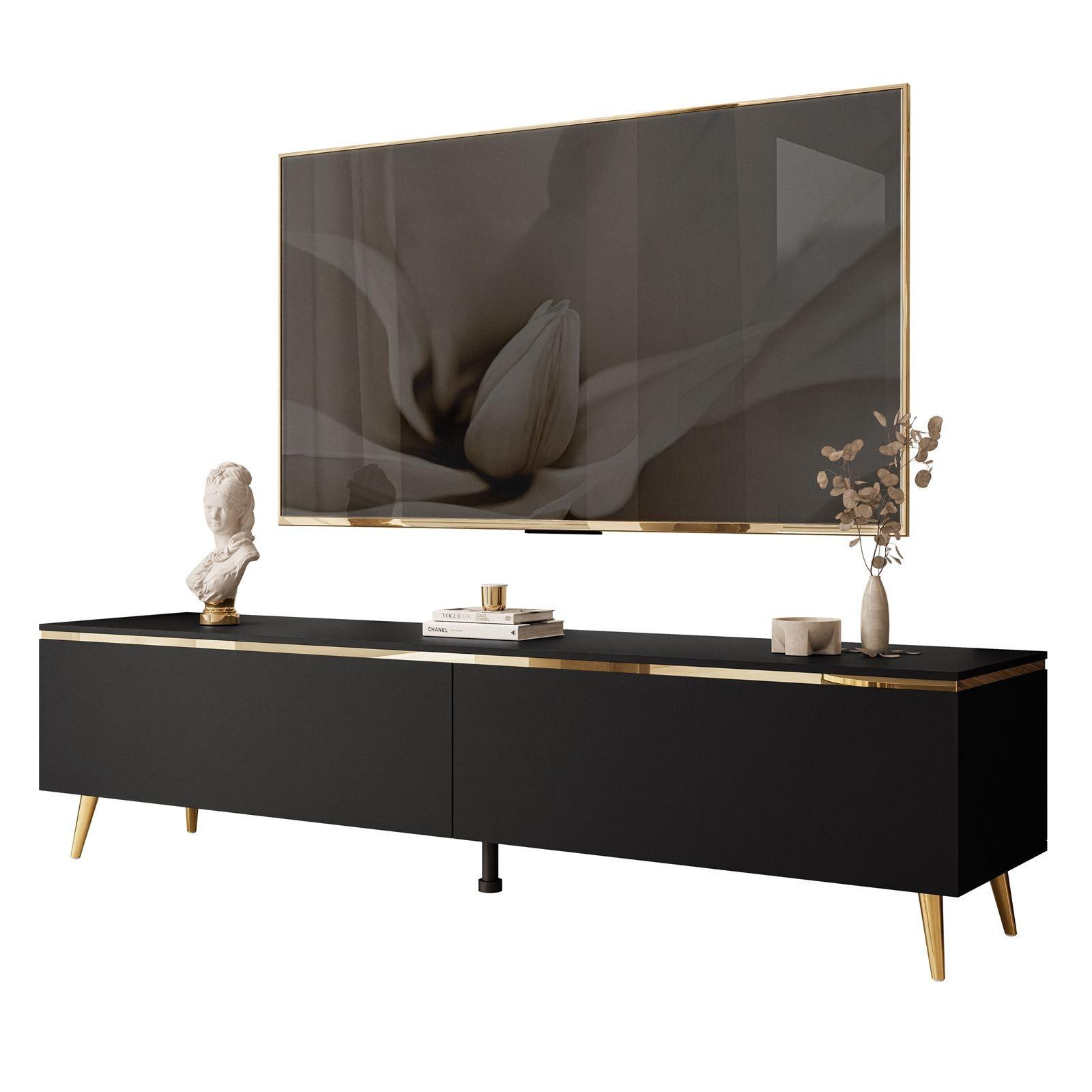TV-LOWBOARD AURORA Schwarz Matt mit gerade Goldchrom Fuße und LED Beleuchtung - Goldfarben/Schwarz, Holzwerkstoff/Metall (180/45/40cm) - Lookway