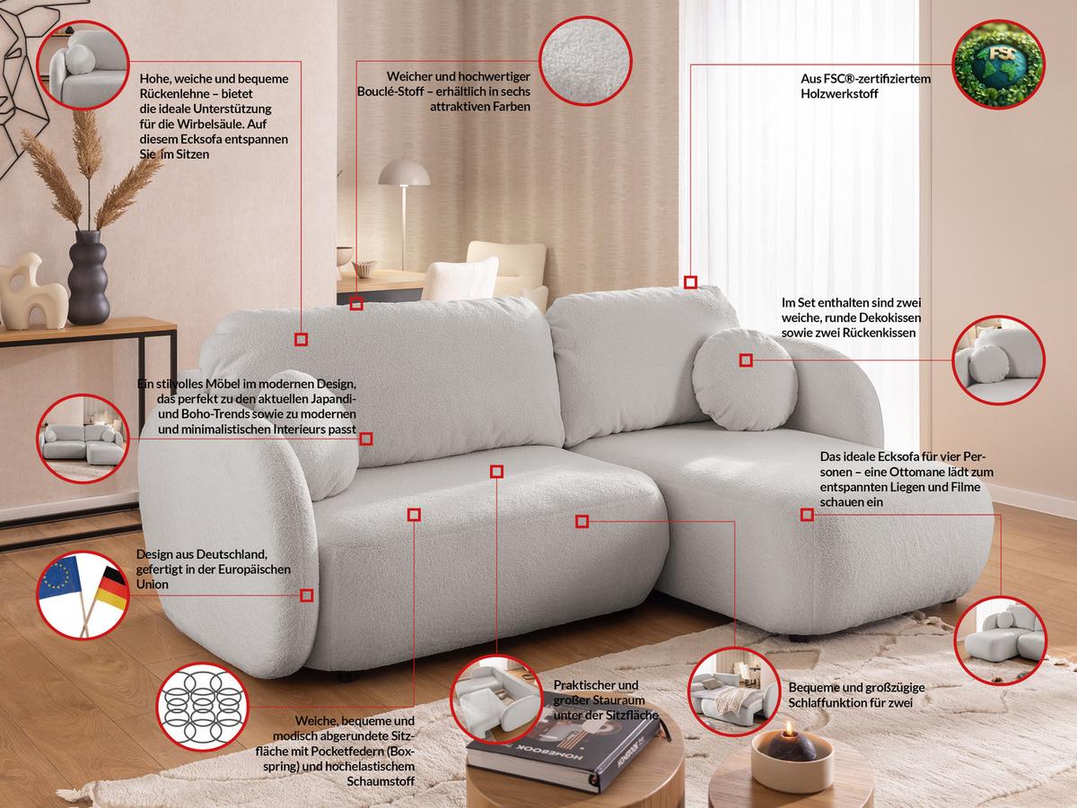 ECKSOFA Candy mit Schlaffunktion Hellgrau Bouclé-Stoff - Ottomane rechts - Hellgrau/Schwarz, Holz/Kunststoff (146/230cm) - S-Style