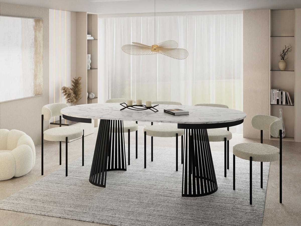 ESSTISCH Naro rund ausziehbar mit Schwarzem Lamellen-Metallgestell, Marmor Weiß 100-180/100/76 cm - Ecru/Schwarz, Holzwerkstoff/Metall (100/176/76cm) - WFL GROUP