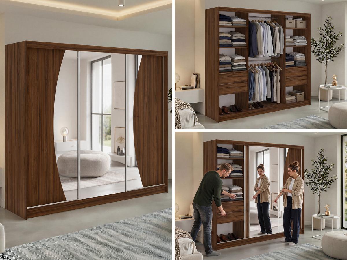 SCHWEBETÜRENSCHRANK mit Schubladen 240 - VERONA - Warmia Walnuss mit Spiegel - Walnussfarben/Alufarben, Holzwerkstoff/Metall (240/216/61cm) - MKS