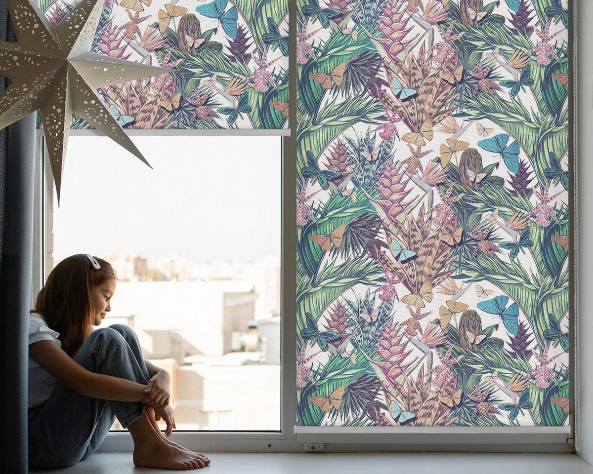 INNENROLLO - Fensterrollo - Rollo - 100x180 cm - Schmetterlinge auf Blumen - Grün, Kunststoff (100/180/0.5cm) - TULUP