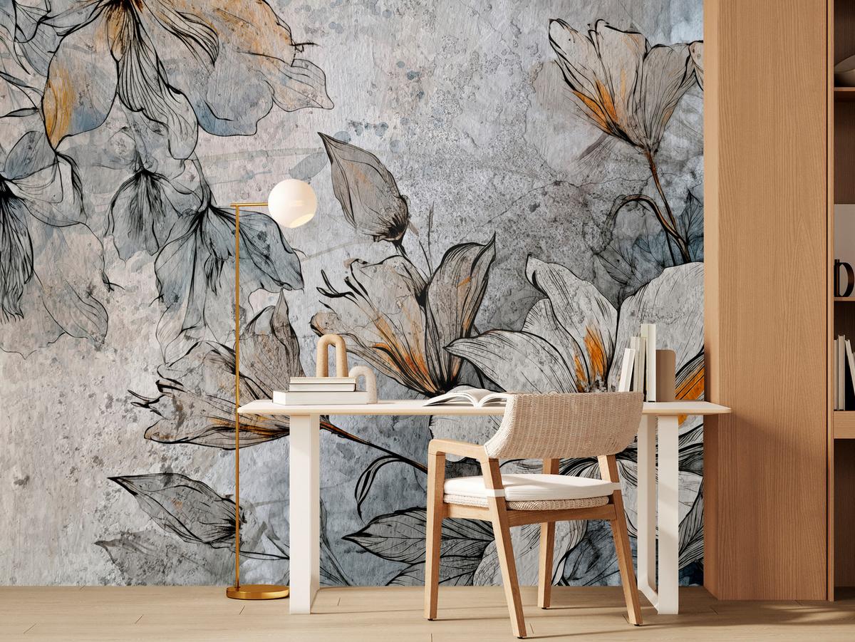 FOTOTAPETE für Büro Blumen Blätter Betongrund Vintage Pflanzen 100x70 - Grau, Papier (100/70cm) - Muralo