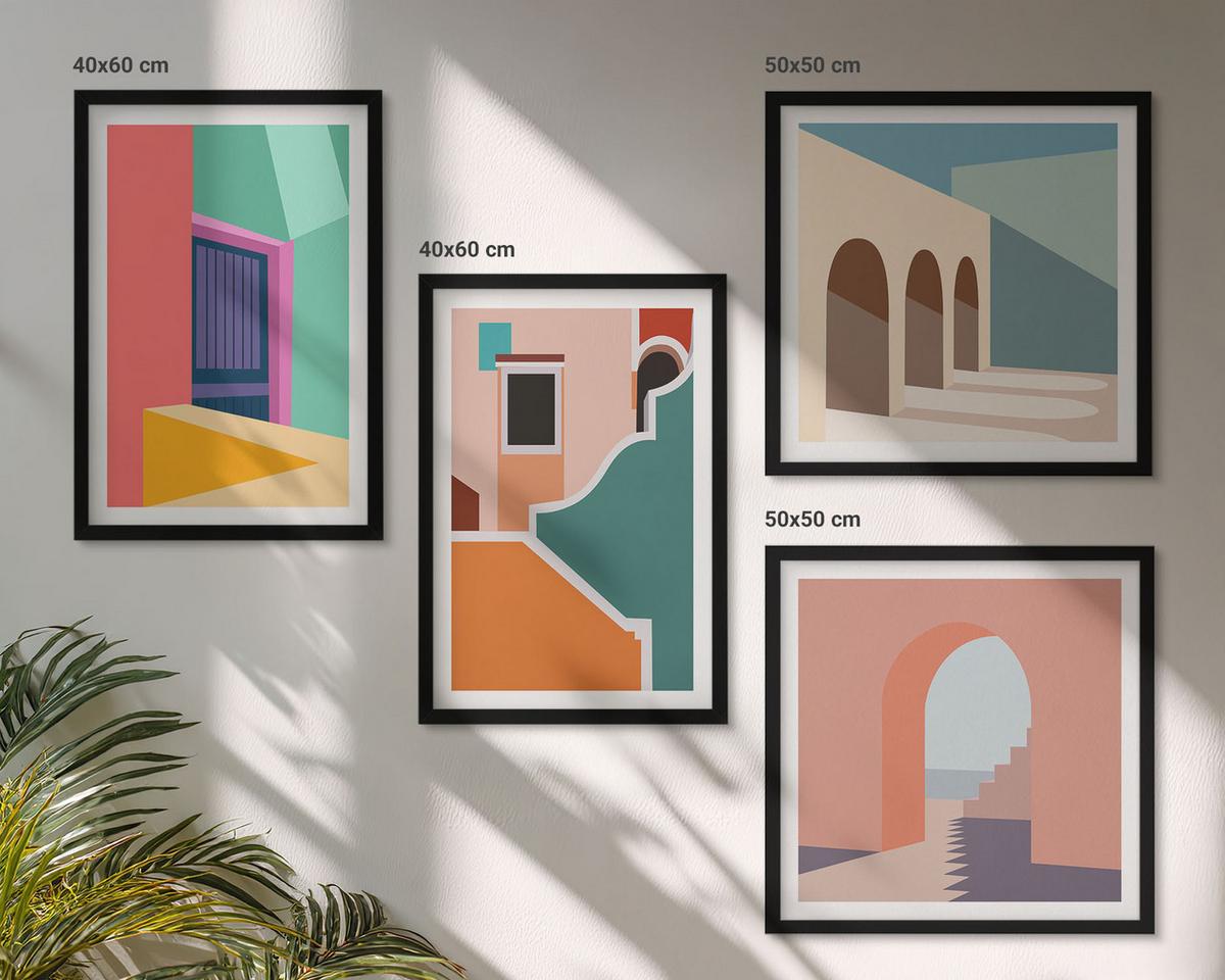 BILDER SET 4er Set - 50x50 cm & 40x60 cm Schwarzer Rahmen - Farbenfrohe Illustrationen der Stadt - Schwarz, Kunststoff (50/50cm) - TULUP