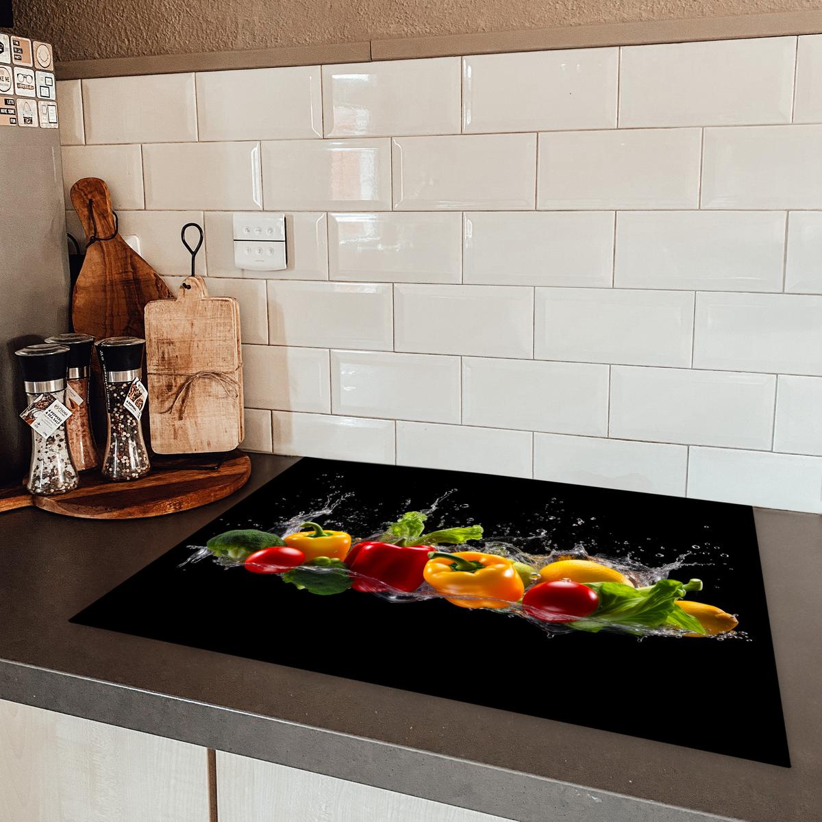 HERDABDECKPLATTE Paprika - Wasser - Gemüse - Schwarz Induktionsmatte 71x52 cm - Multicolor, Kunststoff (71/52/0.2cm) - MuchoWow