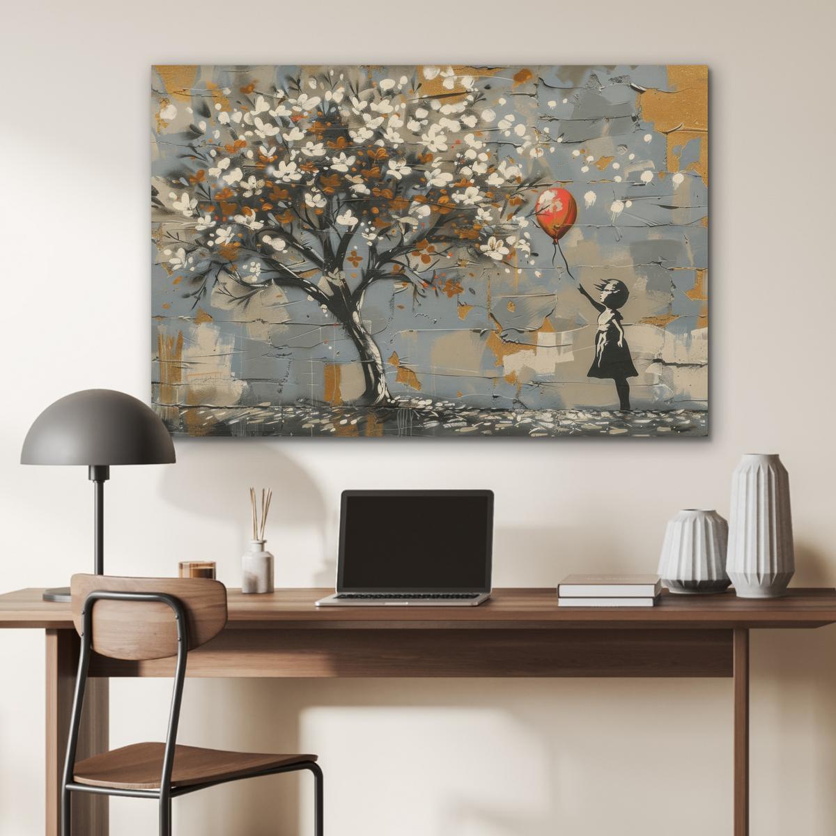 AKUSTIKBILD Baum - Graffiti - Banksy-Stil - Ballon-Mädchen Akustikpaneele 90x60 cm - Blaugrau, Kunststoff (90/60/0.9cm) - MuchoWow