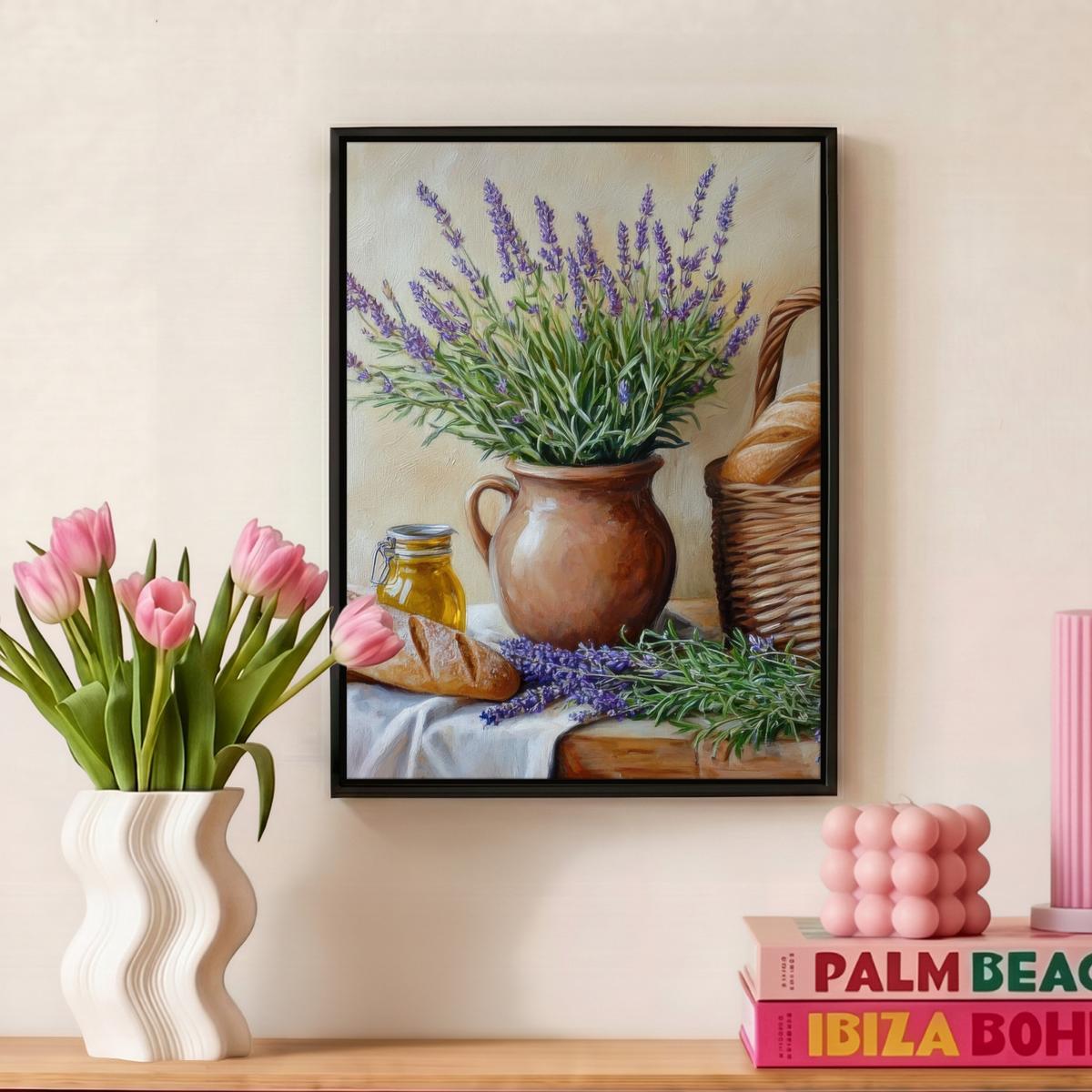 LEINWAND Bilder mit Rahmen - Lavendel - Brot - Stilleben - 30x40 - Flieder, Textil (30/40cm) - MuchoWow