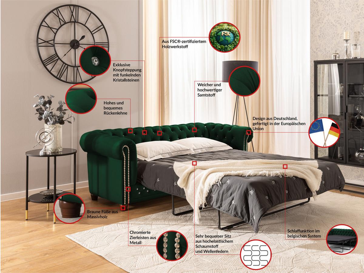 CHESTERFIELD-SOFA 3-Sitzer mit Schlaffunktion Cleo Blink Flasche Grün Samt mit Kristallsteppung und braunen Massivholzfüßen - Braun/Grün, Holz/Textil (203/72/86cm) - S-Style