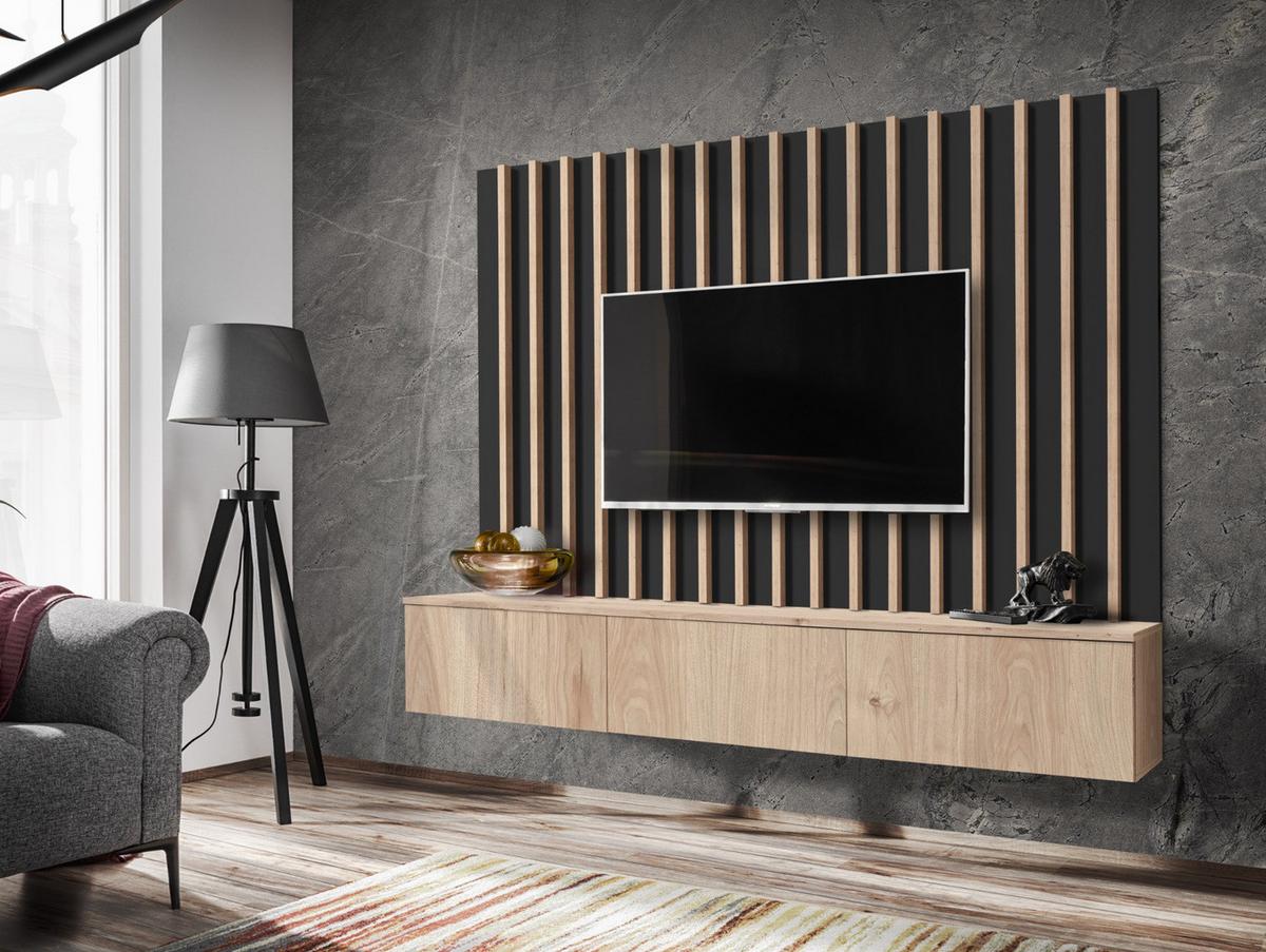 WOHNWAND Eiche Jackson, schwarz 180 cm, Schrankwand mit Push-top-Open - Eichefarben/Schwarz, Holzwerkstoff (180/180/35cm) - Furn.Design