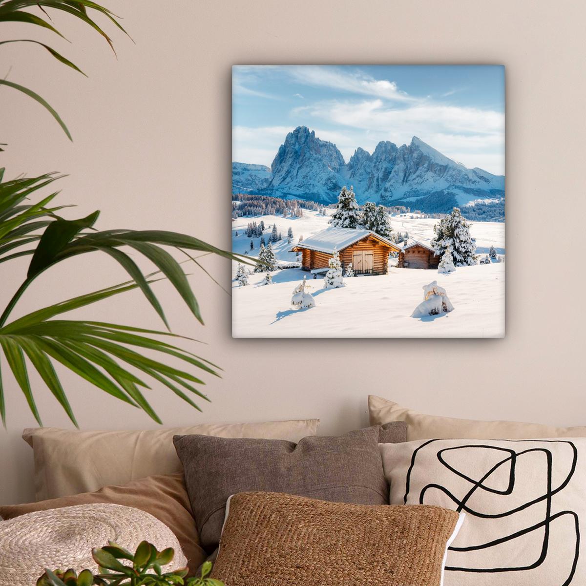 LEINWANDBILD Winter - Hütte - Berge - Aussicht - Schnee Wandbild Wohnzimmer 50x50 cm - Eichefarben, Textil (50/50cm) - MuchoWow